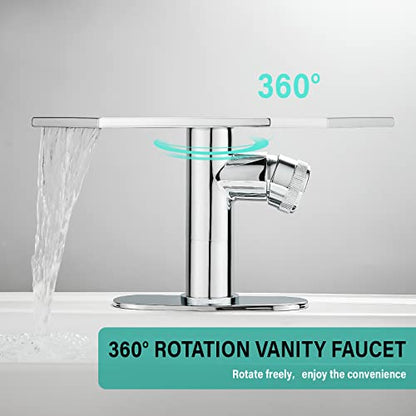 becola Modern Chrome Bathroom Faucet， Waterfall Faucet for Bathroom Sink， Single Hole Bathroom Sink Faucet Cold and Hot Basin Mixer Tap， Single Handle Bathroom Faucet with Adjust Knobs and Deck Plate - color: Chrome, size: low