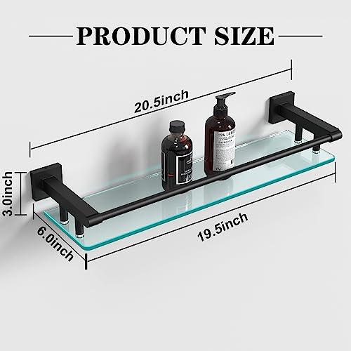 Bathroom Glass Shelf 20IN Rectangular Stainless Steel Tempered Glass Shelves Modern Stainless Steel Wall Mount Bathroom Shelf (Matte Black, 20‘’) - color: Matte Black, size: 20'' with Railing