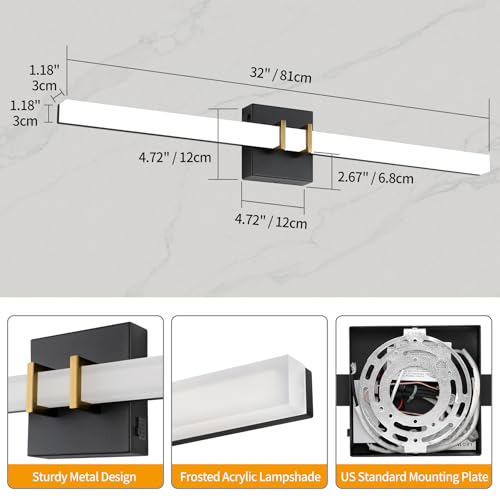 Modern Black and Brass Vanity Light Bar 32 Inch, 24W 5CCT Dimmable Bathroom Light Fixtures LED Wall Lighting Fixture - color: Black+Brass, size: 32 inch