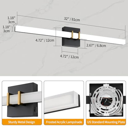 Modern Black and Brass Vanity Light Bar 32 Inch, 24W 5CCT Dimmable Bathroom Light Fixtures LED Wall Lighting Fixture - color: Black+Brass, size: 32 inch