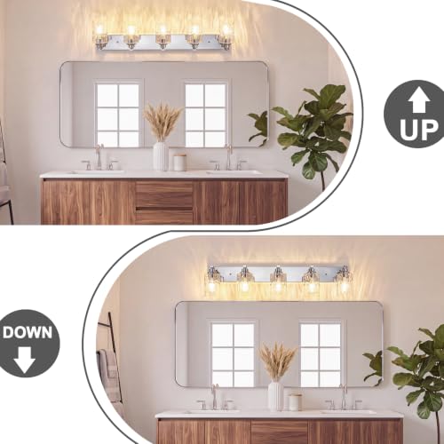 5-Light Bathroom Light Fixtures Modern Chrome Vanity Lights | Easy to Install Clear Hammered Glass Shades, Rippled Glow, Wall Mount Up or Down, E26 Socket, Hardwired, 120V - color: Chrome Hammer, size: 5 Lights