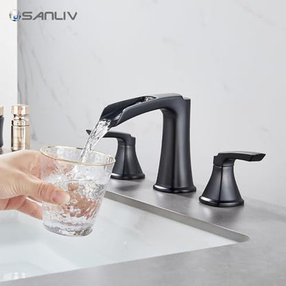 Matte Black Waterfall Bathroom Faucet, Sanliv 3-Piece Widespread Bathroom Sink Faucets, 2-Handle Vanity Faucet for 3-Hole Sinks 4-8 Inch with Pop-Up Drain, ‎Matte Black - color: Matte Black