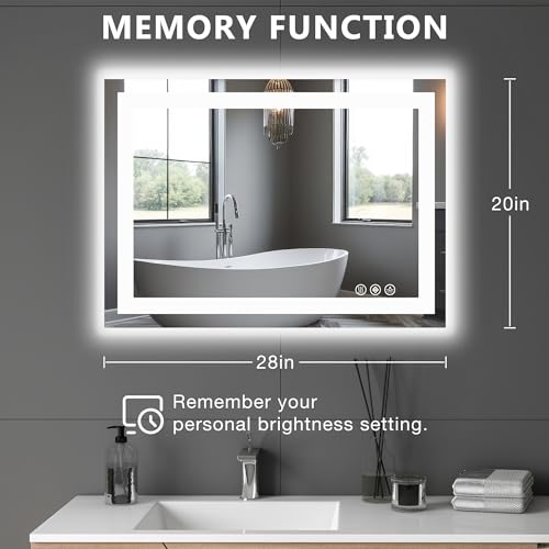 DUMOS 20"x28"1 Smart Anti-Fog LED Bathroom Mirror with Front Light & Backlit, 3 Color Temperatures, Dimmable, Memory Function, Rectangle Modern Vanity Mirror