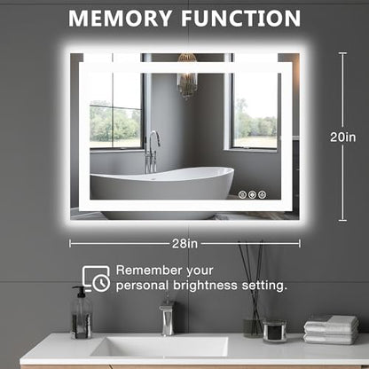 DUMOS 20"x28"1 Smart Anti-Fog LED Bathroom Mirror with Front Light & Backlit, 3 Color Temperatures, Dimmable, Memory Function, Rectangle Modern Vanity Mirror