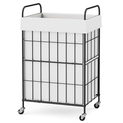 90L Laundry Hamper with Wheels, Laundry Basket with Handle and Liner Bag | Lockable Casters; Reinforced Frame; Breathable Fabric; Space-Efficient Design - color: White, size: 90L-1 Section