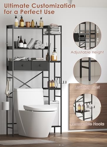 Over The Toilet Storage with 2 Drawers - 7 Tier Bathroom Organizer with Adjustable Shelf, Freestanding Space Saver Storage Rack Above Toilet Stand with Hooks for Small Restroom, Laundry(Black) - size: 7 Tier-Black