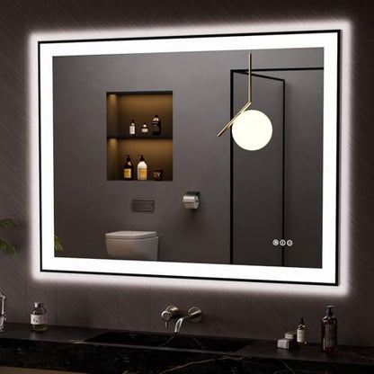 LOAAO 48"X36" LED Bathroom Mirror Black Framed | Anti-Fog, Dimmable, Memory Function, Tempered Glass, Lighted Vanity Mirror for Wall - size: 48"L x 36"W