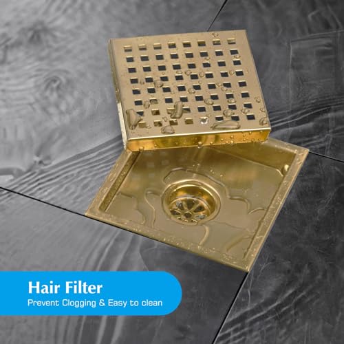 Square Shower Drain Gold Brushed 6 inch with Removable Grid Panel | AISI 304 Stainless Steel Shower Floor Drain with Detachable Hair Catcher Flange Lifting Hook Fits Bathroom Balcony Kitchen - color: Gold, size: 6 inch+Base