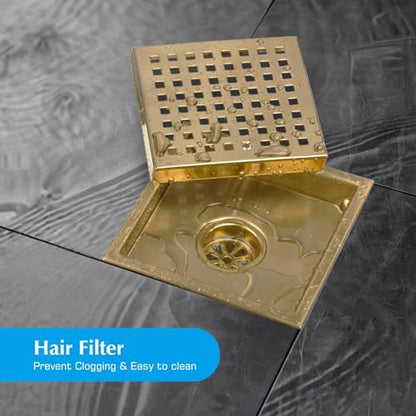 Square Shower Drain Gold Brushed 6 inch with Removable Grid Panel | AISI 304 Stainless Steel Shower Floor Drain with Detachable Hair Catcher Flange Lifting Hook Fits Bathroom Balcony Kitchen - color: Gold, size: 6 inch+Base