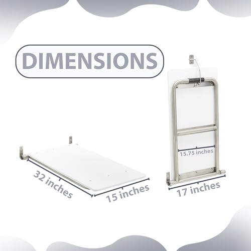 Bathtub Seat for Seniors & Adults - Folding Wall Mount Bench / ADA Bathroom Safety Assist / 304 Stainless Steel / HDP High-Density Polymer / 32" x 15"