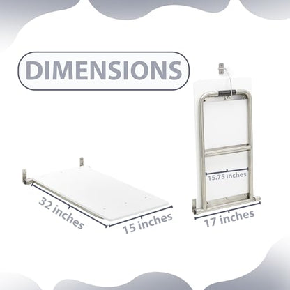 Bathtub Seat for Seniors & Adults - Folding Wall Mount Bench / ADA Bathroom Safety Assist / 304 Stainless Steel / HDP High-Density Polymer / 32" x 15"