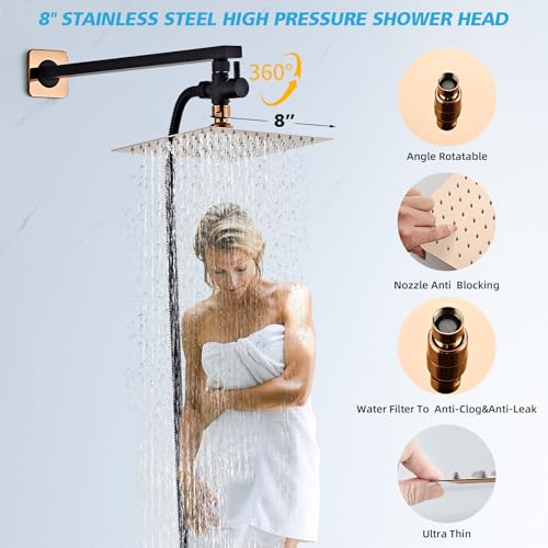 Shower Head Combo Matte Black and Rose Gold, 8 Inch Rain Shower Head with Handheld 5 Spray Modes High Pressure Rainfall Shower Heads System, 15 Inch Shower Adjustable Extension Arm - color: Matte Black+Rose Gold, style: 8 Inch with Handheld Sprayer