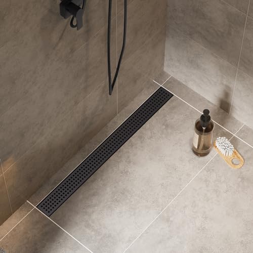 36 Inch Linear Shower Drain, Matte Black 304 Stainless Steel, CUPC Certified Floor Drain with Removable Grate, Hair Strainer and Leveling Feet - color: Black, size: 36''