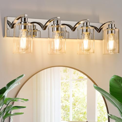 4-Light Bathroom Light Fixtures Modern Chrome Vanity Lights | Easy to Install Clear Glass Shades, Wall Mount Up or Down, E26 Socket, Hardwired, 127V - color: Chrome, size: 4 Lights