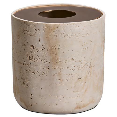 Natural Travertine Textures Mini Trash Can with Rose Gold Stainless Steel Lid, Mini Countertop Trash Can for Bathroom Kitchen, Desk or Table top Mini Garbage Can, Resin Tiny Waste Basket for Vanity - color: Beige Travertine