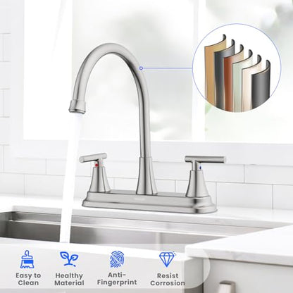 HURRAN 2 Handle Kitchen Sink Faucet, 8 Inch High Arc 360°Swivel Kitchen Sink Faucet, 3 Hole Kitchen Faucet Without Side Sprayer, Centerset RV Kitchen Faucet with Stainless Steel Pipe, Nickel - color: Nickel, style: Without Side Sprayer