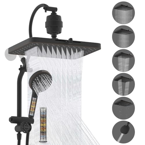Hibbent 5-spray Dual Filtered Rainfall Shower Head with 10 Spray Handheld | High Pressure 13'' Showerhead Combo, Easy Reach 4-way Diverter Arm with Pause Mode, 71'' Hose & Holder, Oil-Rubbed Bronze - color: Oil Rubbed Bronze, style: Square 13" with filter