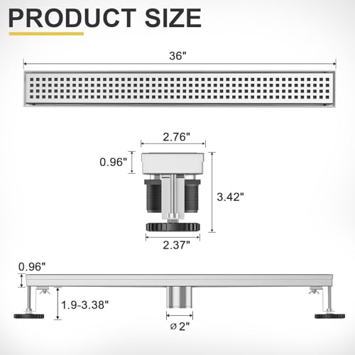 Linear Shower Drain - 36 Inch Brushed Nickel, with Grate Removable | AISI 304 Stainless Steel Shower Drain with Adjustable Feet, Hair Catcher, Rectangle Shower Floor Drain Fits Bathroom, Balcony - color: Brushed Nickel, size: 36 Inch
