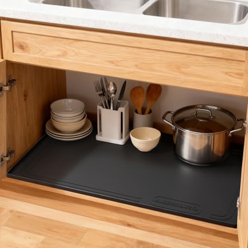 Aisslro Under Sink Mat 25" X 19", Waterproof Silicone Under Sink Mats for Kitchen, Anti-Leak Shelf Liner & Cabinet Protector with Raised Edge, [BPA Free] Bathroom Tray Home Organizer, Black | BPA-Free Raised-Edge Cabinet Protector & Leak Tray for Bathroom