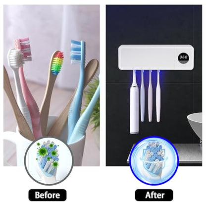 Cordless Toothbrush Holder, Toothbrush Cleaner with 4 Slots & 360s Timer Function, No-Drill Rechargeable Wall-Mounted Toothbrush Holders for Bathroom Family, White