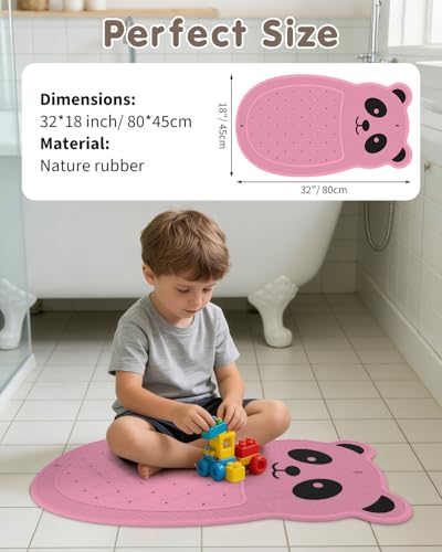 Panda Bathtub Mat Non Slip Kids Natural Rubber Low Odor, Bath Mat for Tub Non Slip for Baby 32"x18", Anti-Slip Surface and Strong Suction Cups Dual Anti-Slip, Machine Washable, Pink - color: Pink