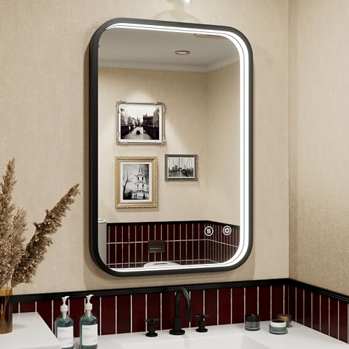 16"x24" Black LED Bathroom Mirror with 3000K/4500K/6000K Lights | Anti-Fog, Stepless Dimmable, Memory Function, Wall Mounted Aluminum Frame Lighted Bathroom Vanity Mirror, ETL Listed - color: Black, size: 16"L x 24"W
