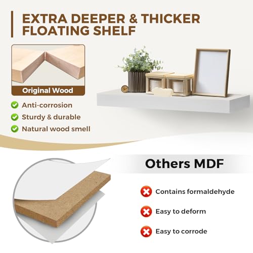 Solid Wood Floating Shelves, 24 Inch Wall Shelves, Set of 2, White | 8 Inch Deep, 1.6 Inch Thick, Extra-Wide Display Space, Mounting Hardware Included, For Kitchen, Bathroom and Living Room - color: White, size: 24x8x1.6
