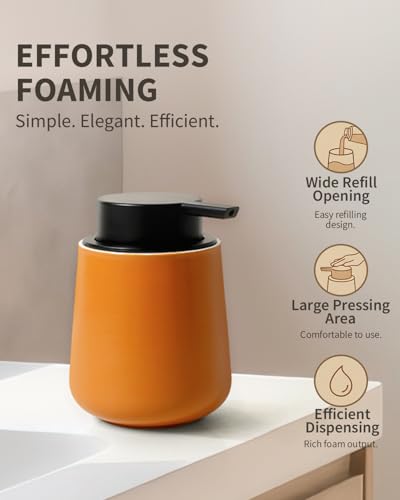 Bosilunlife 12Oz Ceramic Foam Soap Dispenser for Bathroom Kitchen Counter | Premium countertop foam pump creates delicate dense foam, stable desktop placement, Orange - color: Orange