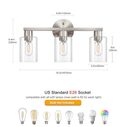 Bathroom Light Fixtures 3-Light Bathroom Vanity Light Brushed Nickel | Stainless steel body, Clear glass shade, E26 scoket, Anti-rust, Easy to install, Vanity lighting fixtures, Over mirror, 18 in - color: Brushed Nickel, size: 3 Light