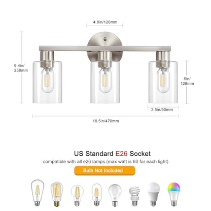 Bathroom Light Fixtures 3-Light Bathroom Vanity Light Brushed Nickel | Stainless steel body, Clear glass shade, E26 scoket, Anti-rust, Easy to install, Vanity lighting fixtures, Over mirror, 18 in - color: Brushed Nickel, size: 3 Light