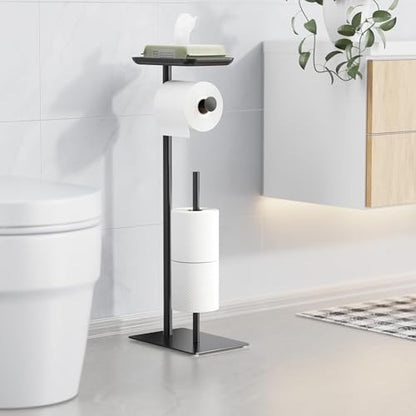 Toilet Paper Holder Stand with Top Storage Shelf | Free Standing Toilet Roll Dispenser for Bathroom, Holds 4 Reserve Rolls, Silver - color: Matte Black