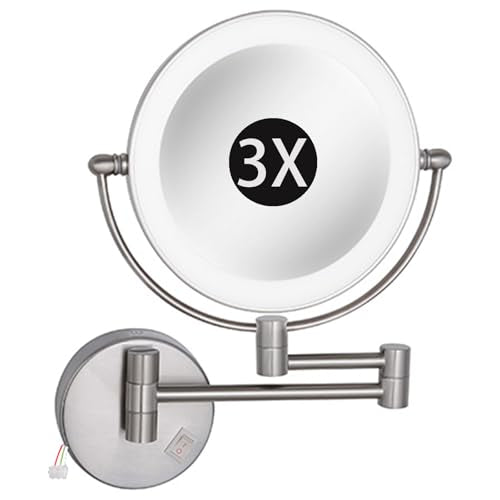 8" Wall Mounted Lighted Makeup Mirror, Hardwired Double Sided LED Magnifying Extended Arm 360° Swivel Bathroom Vanity Mirror,Brushed Nickel,3X - color: Brushed Nickel, size: 3X