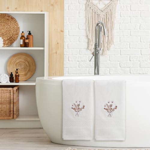 SmoothNovelty 2 Pcs Boho Flowers Hand Towels Beige Bathroom Wildflowers Decor 14x29 Inch Embroidered 100% Cotton Soft Absorbent Spring Summer Decorative Hand Towels for Bathroom Kitchen - style: Bohemian