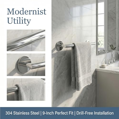 9" Self Adhesive Polished Chrome Hand Towel Holder, No Drill Small Bathroom Organizer, 304SS - color: Chrome, size: 9 Inch