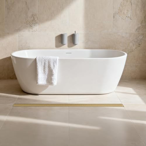 Linear Shower Drain - 48 Inch Brushed Gold, with Grate Removable | AISI 304 Stainless Steel Shower Drain with Adjustable Feet, Hair Catcher, Rectangle Shower Floor Drain Fits Bathroom, Balcony - color: Brushed Gold, size: 48 Inch