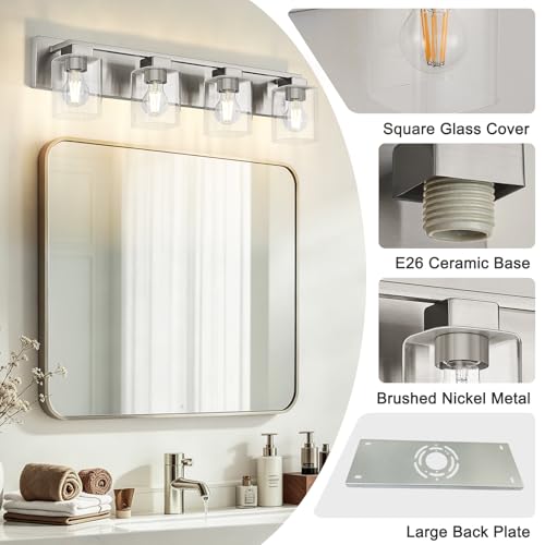4-Light Brushed Nickel Bathroom Light Fixtures, with Clear Glass Shade | 29.5 Inch Bathroom Lighting Fixtures Over Mirror, Modern Wall Light, bathroom vanity light E26 Socket, ETL - color: Brushed Nickel, size: 4-Light