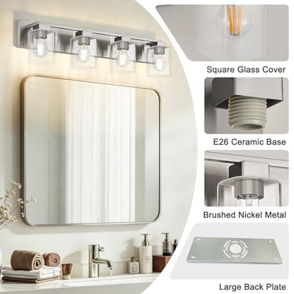 4-Light Brushed Nickel Bathroom Light Fixtures, with Clear Glass Shade | 29.5 Inch Bathroom Lighting Fixtures Over Mirror, Modern Wall Light, bathroom vanity light E26 Socket, ETL - color: Brushed Nickel, size: 4-Light