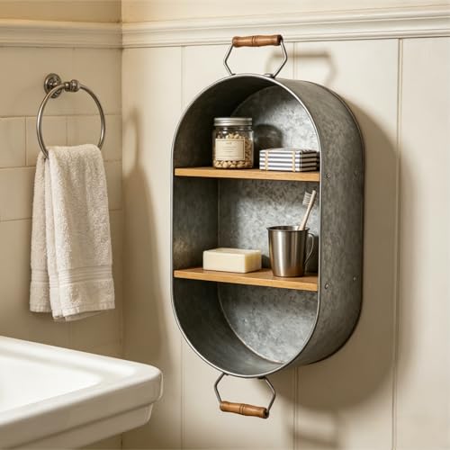Oakrain Farmhouse Towel Rack, Wood Wall Shelf Galvanized Wash Tub | Rustic Towel Holder, Decorative Hanging Shelf for Bathroom, Lavatory, Entryway - size: R-Oval