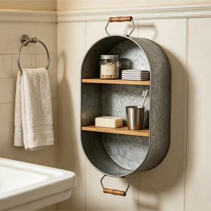 Oakrain Farmhouse Towel Rack, Wood Wall Shelf Galvanized Wash Tub | Rustic Towel Holder, Decorative Hanging Shelf for Bathroom, Lavatory, Entryway - size: R-Oval