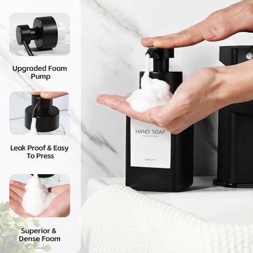 Black Foaming Hand Soap Dispenser, 12oz/350ml Glass Square Foam Soap Dispenser Set, 2Pcs Foaming Soap Dispenser with Foaming Pump, Refillable Soap Foam Dispenser for Bathroom, Kitchen - color: Black Bottle