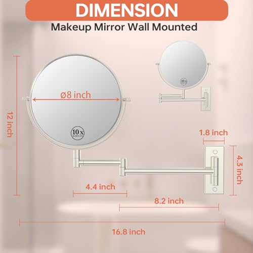 Wall Mount Makeup Mirror with 1X/10x Magnification, Nickel | 8" Double-sided Wall-mounted Magnifying Mirror with Extendable Arm for Bathroom, Round, No Lights, Brushed Nickel Finished