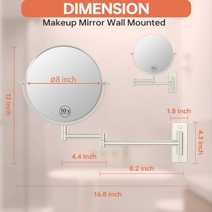 Wall Mount Makeup Mirror with 1X/10x Magnification, Nickel | 8" Double-sided Wall-mounted Magnifying Mirror with Extendable Arm for Bathroom, Round, No Lights, Brushed Nickel Finished