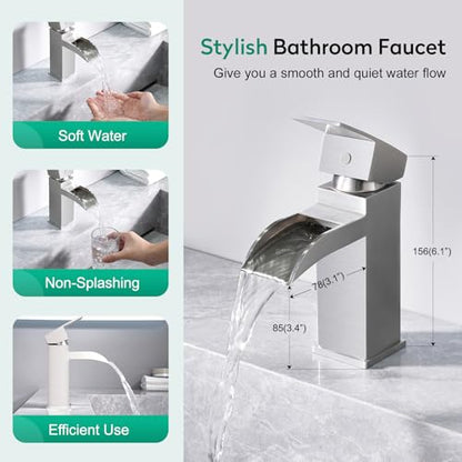 CREA Waterfall Bathroom Faucet 1 Hole Single Handle Brushed Nickel Bathroom Sink Faucet with Drain/ 3 Hole Deck Plate Stainless Steel Vanity Basin Mixer Tap(cUPC Hot Cold Water Supply Line) - color: Brushed Nichel, style: Open Waterfall