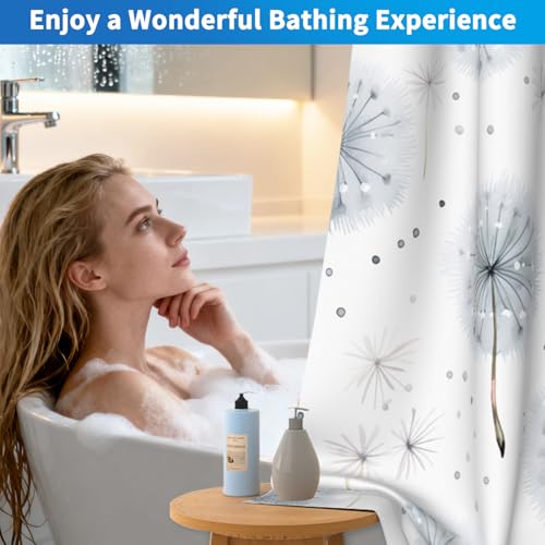 No Hook Shower Curtain and Liner Set, Grey Dandelion Farmhouse Waterproof Shower Curtain with Mesh Top Window and Weighted Hem, Machine Washable Shower Curtains for Bathroom and Hotel, 71" W x 74" L - color: Flying Dandelion