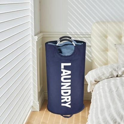 Maxsilan 90L Large Laundry Basket Bag, Collapsible Tall Hamper, Dark Blue | Freestanding tall laundry bag & foldable washing basket. Large capacity clothes storage bin with durable sturdy handles - color: Dark Blue, size: 90L