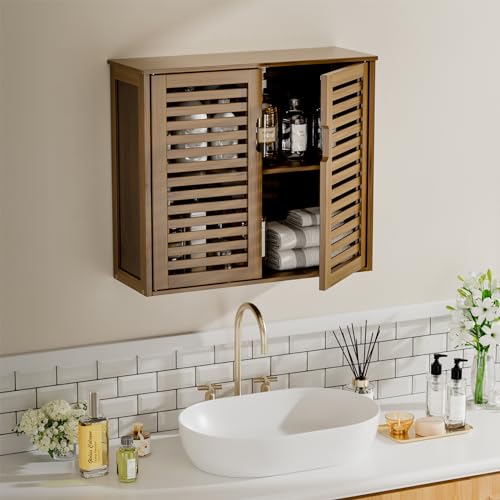 HITNET Medicine Cabinet, Bathroom Storage Cabinet Wall Mounted, Over the Toilet Space Saver Organizer with Doors and Bamboo Shelves, Walnut - color: Walnut