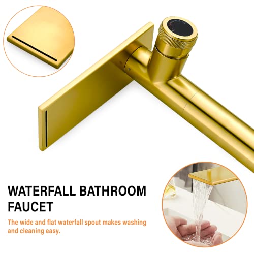 Becola Modern Brushed Gold Tall Waterfall Basin Mixer Tap with Adjustable Knobs and Two Supply Lines - color: Brushed gold, size: Tall