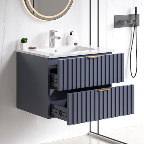 ONBRILL 24 Inch Bathroom Vanity with Sink Combo, Floating Bathroom Vanity with 2 Fluted Drawers & Metal Handle, Modern Wall Mount Storage Cabinet with Ceramic Integrated Sink for Small Space (Blue) - color: Blue, size: 24"
