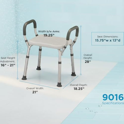 NOVA Bath & Shower Seat with Padded/Removable Arms - for Seniors, Handicap & Medical Use, Adjustable Height, Aluminum Frame, Non-Skid Safety, Tool-Free Assembly, 300lb Capacity