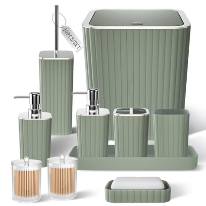 XLHOMO Bathroom Accessories Set - Gorgeous Sage Green Bathroom Set, 10PC Bathroom Accessory Set, Toilet Brush, Trash Can, Qtip Holder Dispenser & Soap Dispenser - size: Bath Set, style: Sage Green&Silver